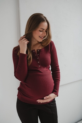 Bluzka Ciążowa I Do Karmienia Z Dzianiny W Prążek Tummy Bordowa