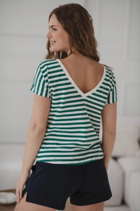 Dwustronna Bluzka Two Ways W Paski Zielono-Białe Krótki Rękaw
