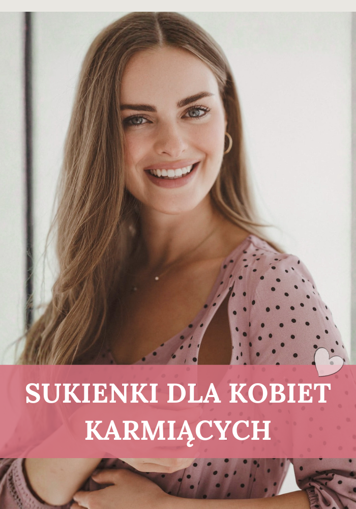 Kobieta w różowej sukience w kropki rozpinająca moduł wspomagający karmienie piersią. Link prowadzi do sukienek dla kobiet karmiących