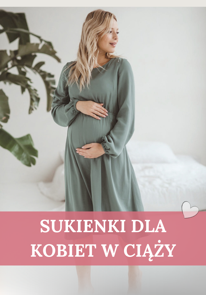 Kobieta w zielonej sukience trzymająca się z a ciążowy brzuch. SUkienka jest zwiewana. Link prowadzi do sukienek dla kobiet w ciąży 